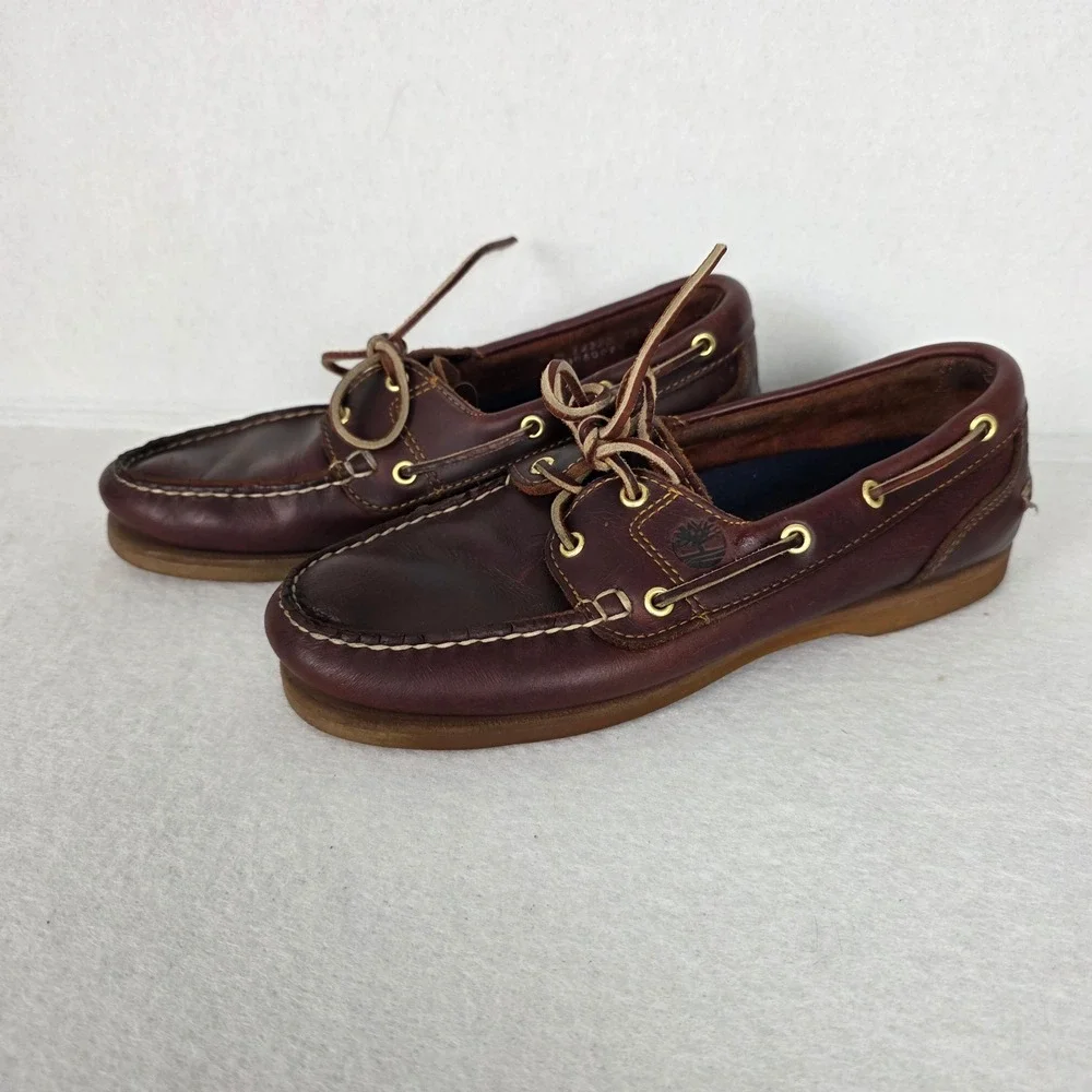 Timberland Mens Burgundy Brown Leather Boat Shoes Classic Moc Toe Loafers 8M